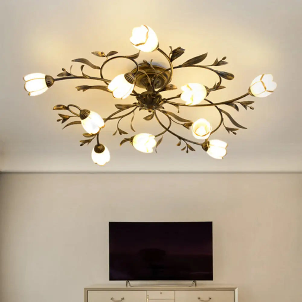 Rustic Brass Blossom Opal Glass Semi - Flush Mount Ceiling Light For Dining Room