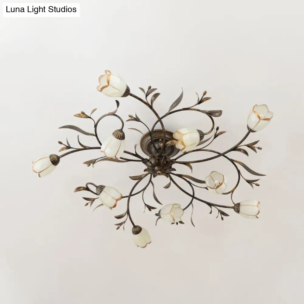 Rustic Brass Blossom Opal Glass Semi - Flush Mount Ceiling Light For Dining Room