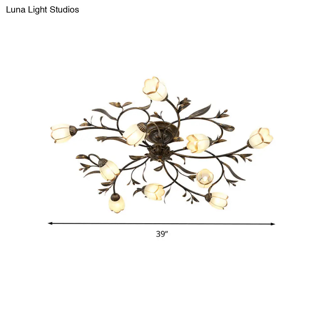 Rustic Brass Blossom Opal Glass Semi - Flush Mount Ceiling Light For Dining Room