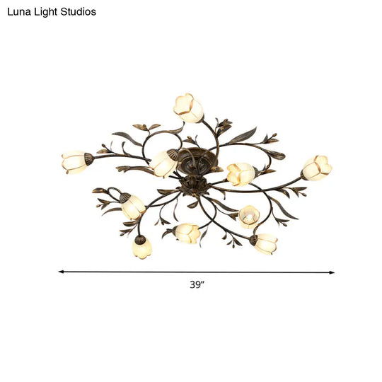 Rustic Brass Blossom Opal Glass Semi - Flush Mount Ceiling Light For Dining Room