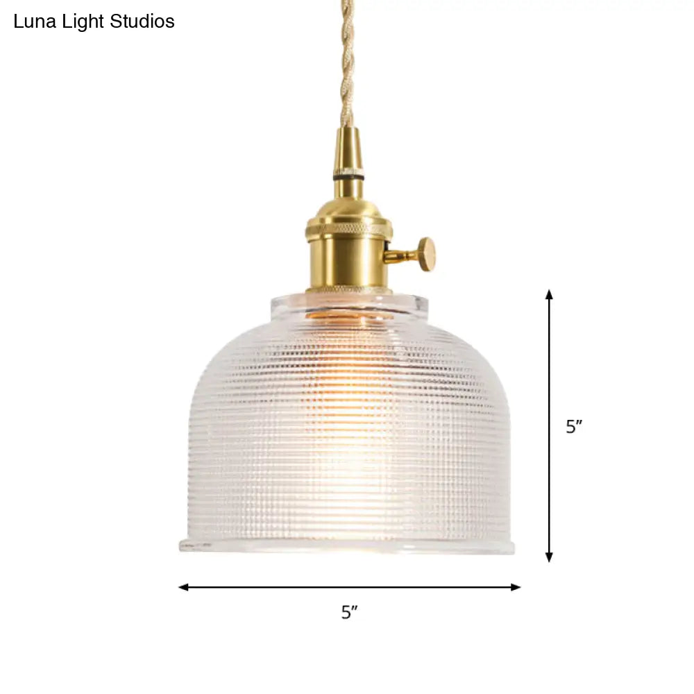 Rustic Brass Floral Hanging Lamp With Clear Ribbed Glass - 1-Light Ceiling Pendant For Table