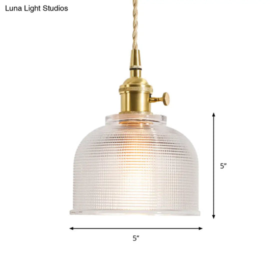 Rustic Brass Floral Hanging Lamp With Clear Ribbed Glass - 1-Light Ceiling Pendant For Table