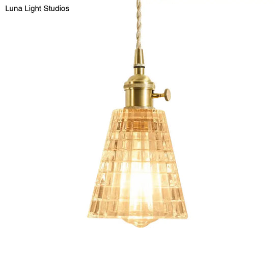 Floral Brass Hanging Lamp - Rustic Cone Pendant Light With Clear Ribbed Glass Ideal For Table