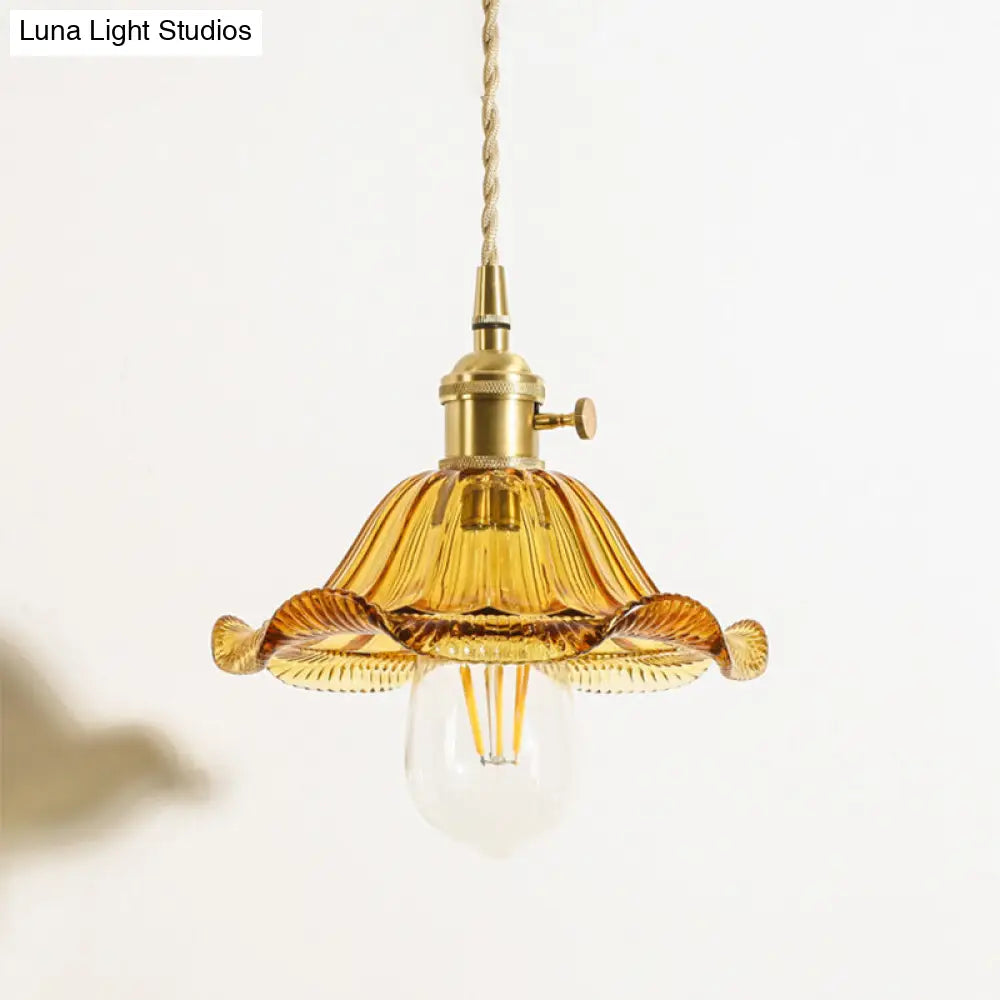 Floral Brass Hanging Lamp - Rustic Cone Pendant Light With Clear Ribbed Glass Ideal For Table / E