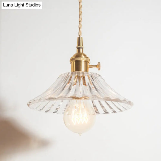 Floral Brass Hanging Lamp - Rustic Cone Pendant Light With Clear Ribbed Glass Ideal For Table / C