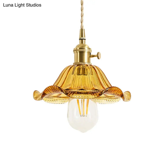 Floral Brass Hanging Lamp - Rustic Cone Pendant Light With Clear Ribbed Glass Ideal For Table