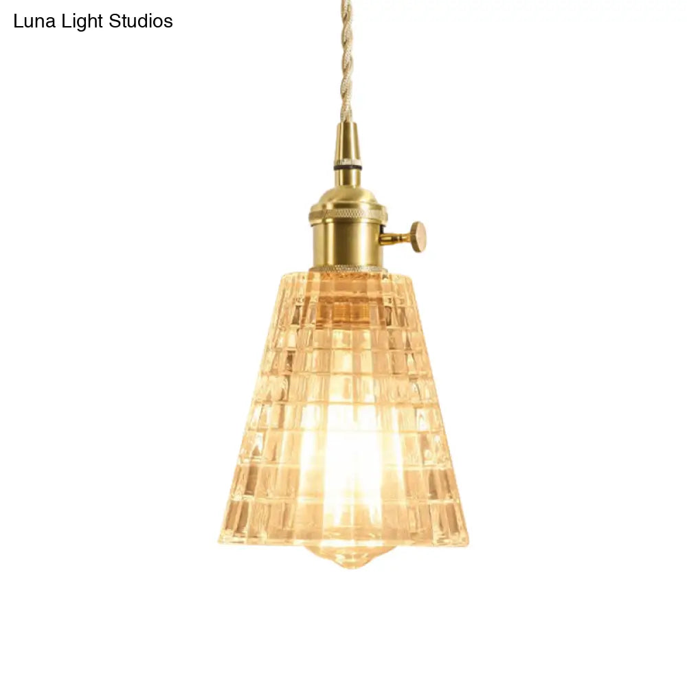 Rustic Brass Floral Hanging Lamp With Clear Ribbed Glass - 1-Light Ceiling Pendant For Table