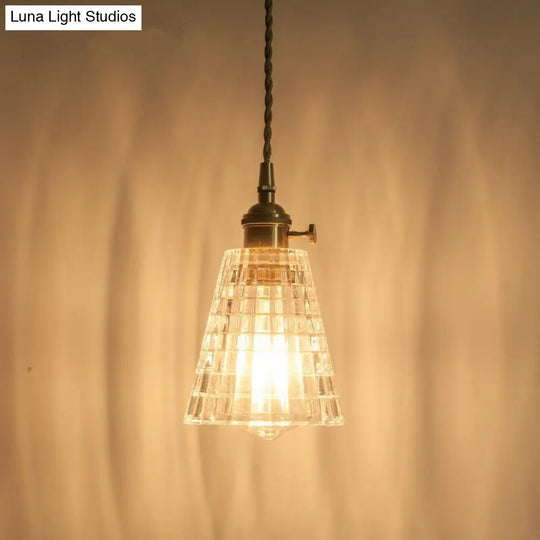 Floral Brass Hanging Lamp - Rustic Cone Pendant Light With Clear Ribbed Glass Ideal For Table / A