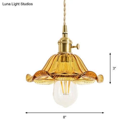 Floral Brass Hanging Lamp - Rustic Cone Pendant Light With Clear Ribbed Glass Ideal For Table