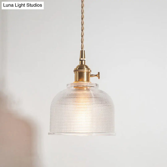 Floral Brass Hanging Lamp - Rustic Cone Pendant Light With Clear Ribbed Glass Ideal For Table / B