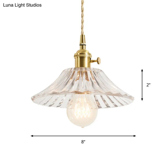 Floral Brass Hanging Lamp - Rustic Cone Pendant Light With Clear Ribbed Glass Ideal For Table