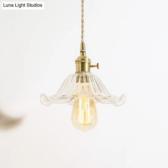 Floral Brass Hanging Lamp - Rustic Cone Pendant Light With Clear Ribbed Glass Ideal For Table / D