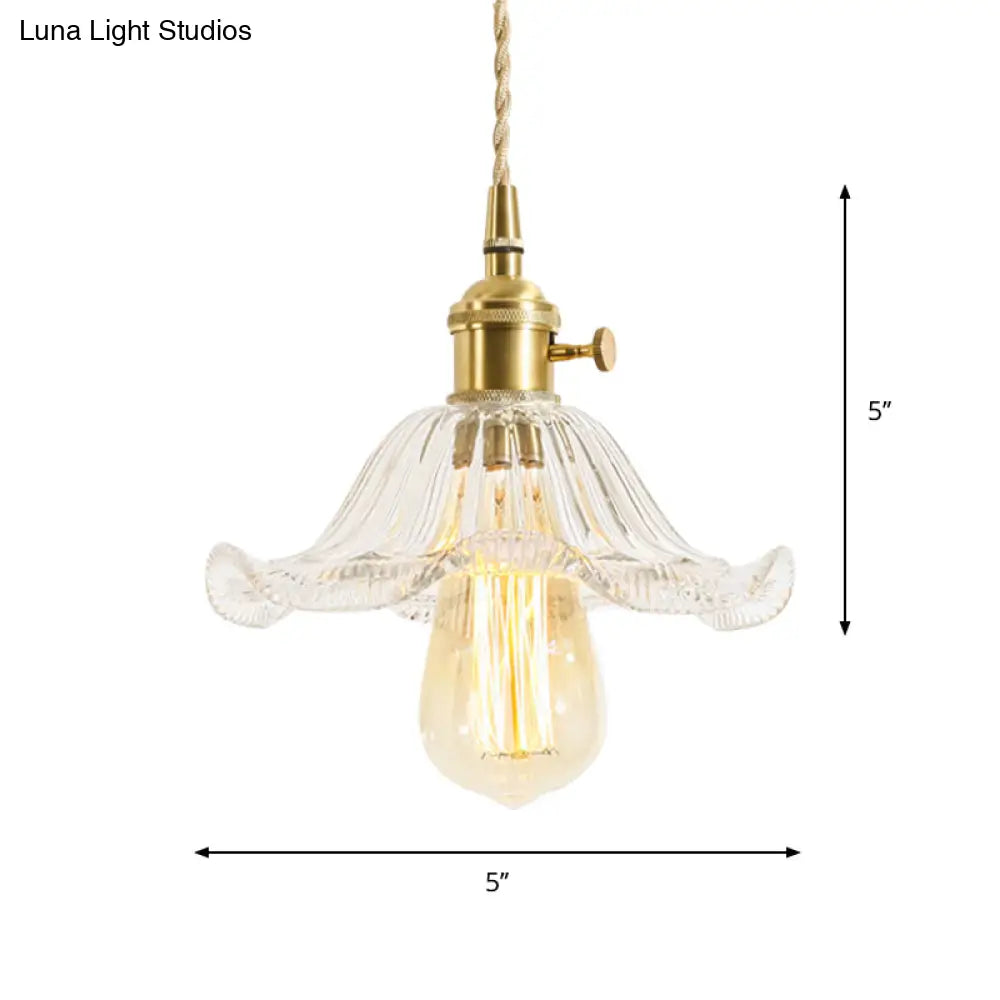 Rustic Brass Floral Hanging Lamp With Clear Ribbed Glass - 1-Light Ceiling Pendant For Table