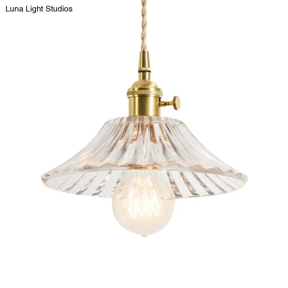 Rustic Brass Floral Hanging Lamp With Clear Ribbed Glass - 1-Light Ceiling Pendant For Table