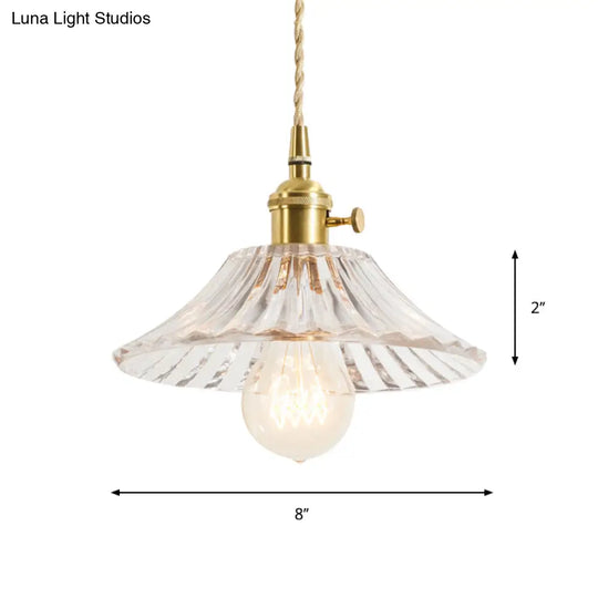 Rustic Brass Floral Hanging Lamp With Clear Ribbed Glass - 1-Light Ceiling Pendant For Table