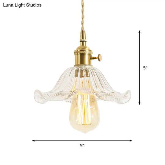 Floral Brass Hanging Lamp - Rustic Cone Pendant Light With Clear Ribbed Glass Ideal For Table