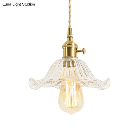 Floral Brass Hanging Lamp - Rustic Cone Pendant Light With Clear Ribbed Glass Ideal For Table