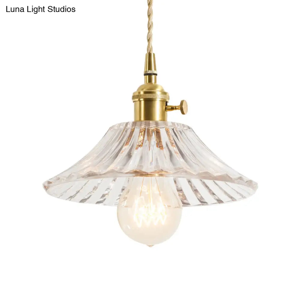 Floral Brass Hanging Lamp - Rustic Cone Pendant Light With Clear Ribbed Glass Ideal For Table