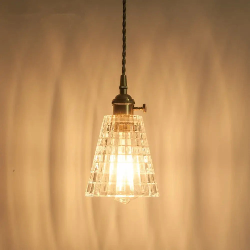 Rustic Brass Floral Hanging Lamp With Clear Ribbed Glass - 1-Light Ceiling Pendant For Table / A