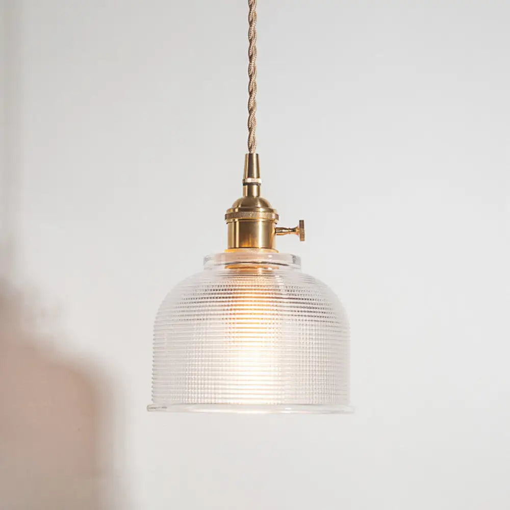 Rustic Brass Floral Hanging Lamp With Clear Ribbed Glass - 1-Light Ceiling Pendant For Table / B