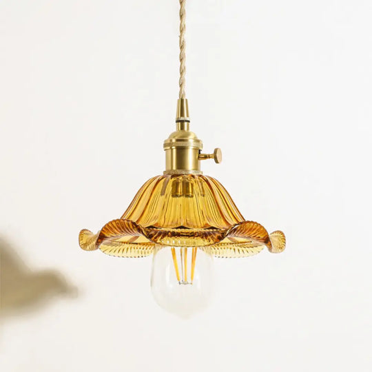 Rustic Brass Floral Hanging Lamp With Clear Ribbed Glass - 1-Light Ceiling Pendant For Table / E