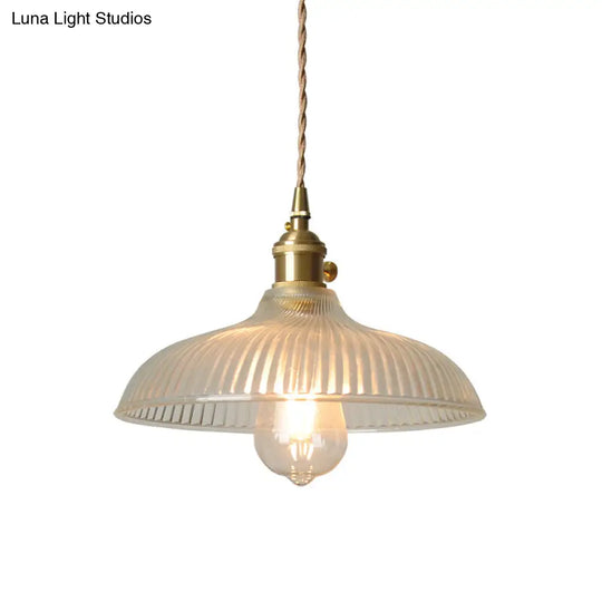 Rustic Brass Bowl Pendant Light Fixture With Clear Ribbed Glass - 1-Head Hanging Design