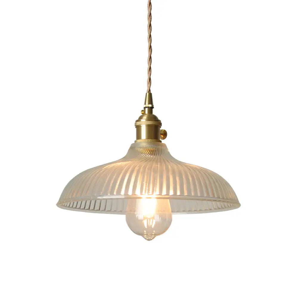 Rustic Brass Pendant Light Fixture With Clear Ribbed Glass Bowl