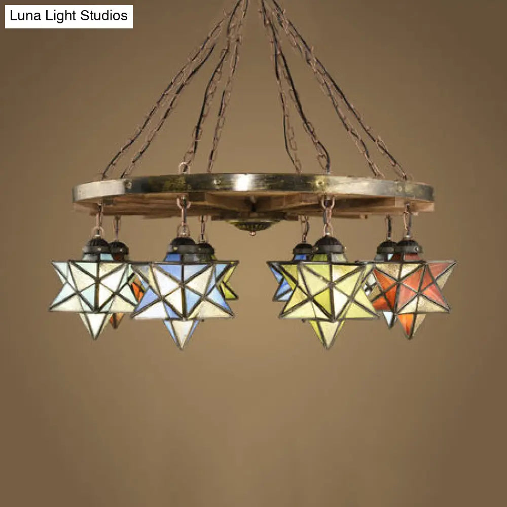 Rustic Brass Pendant Light With Stained Glass Star Shade For Foyer Chandelier