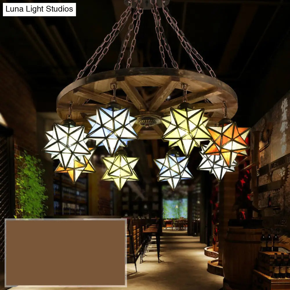 Rustic Brass Wheel Pendant Light Stained Glass Star Shade Chandelier For Foyer Antique Bronze