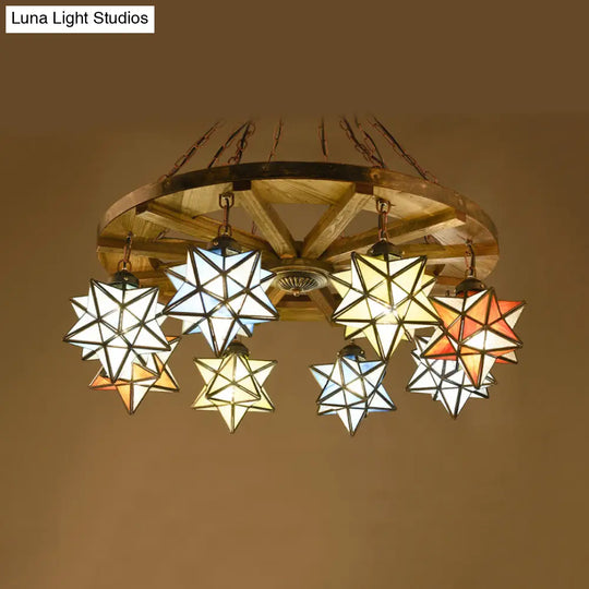 Rustic Brass Wheel Pendant Light Stained Glass Star Shade Chandelier For Foyer