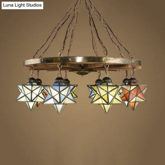 Rustic Brass Wheel Pendant Light Stained Glass Star Shade Chandelier For Foyer