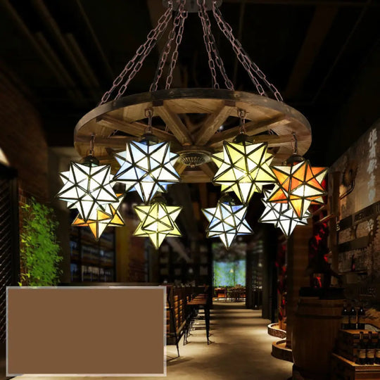 Rustic Brass Pendant Light With Stained Glass Star Shade For Foyer Chandelier Antique Bronze