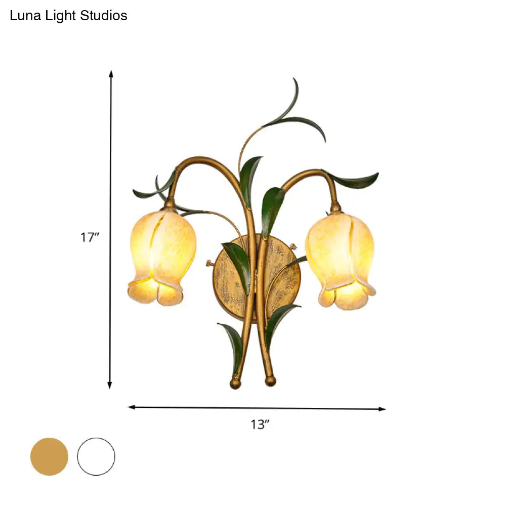 Rustic Brass Petal Wall Mount Sconce Light With White/Yellow Glass - 2/3 Lights For Living Room