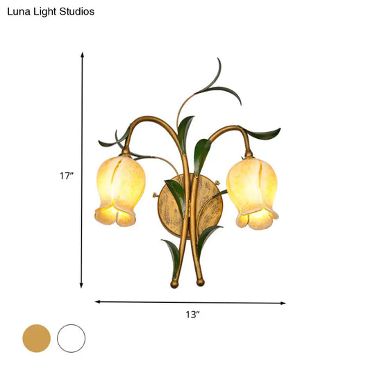 Rustic Brass Petal Wall Mount Sconce Light With White/Yellow Glass - 2/3 Lights For Living Room