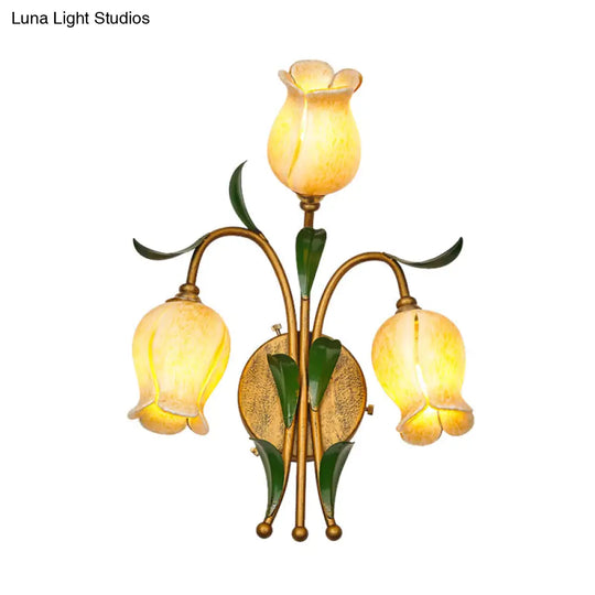 Rustic Brass Petal Wall Mount Sconce Light With White/Yellow Glass - 2/3 Lights For Living Room