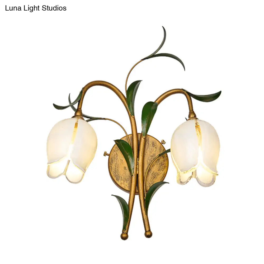 Rustic Brass Petal Wall Mount Sconce Light With White/Yellow Glass - 2/3 Lights For Living Room