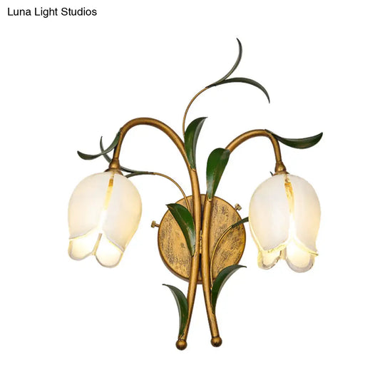 Rustic Brass Petal Wall Mount Sconce Light With White/Yellow Glass - 2/3 Lights For Living Room