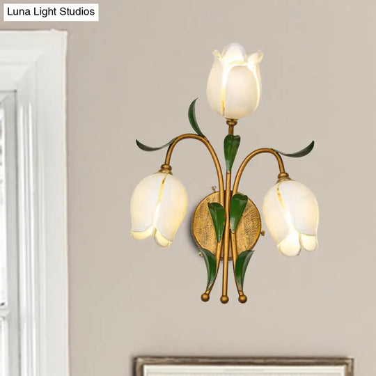 Rustic Brass Petal Wall Mount Sconce Light With White/Yellow Glass - 2/3 Lights For Living Room