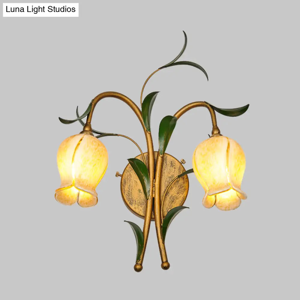 Rustic Brass Petal Wall Mount Sconce Light With White/Yellow Glass - 2/3 Lights For Living Room