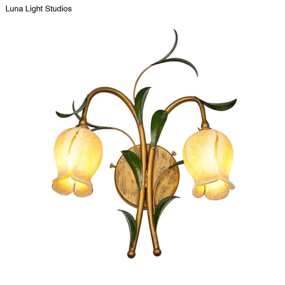 Rustic Brass Petal Wall Mount Sconce Light With White/Yellow Glass - 2/3 Lights For Living Room