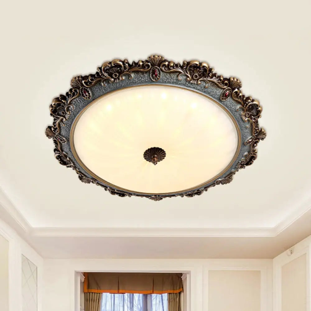 Rustic Brass Scalloped Round Flush Mount Ceiling Fixture With Milk Glass - Led 3 Sizes Countryside