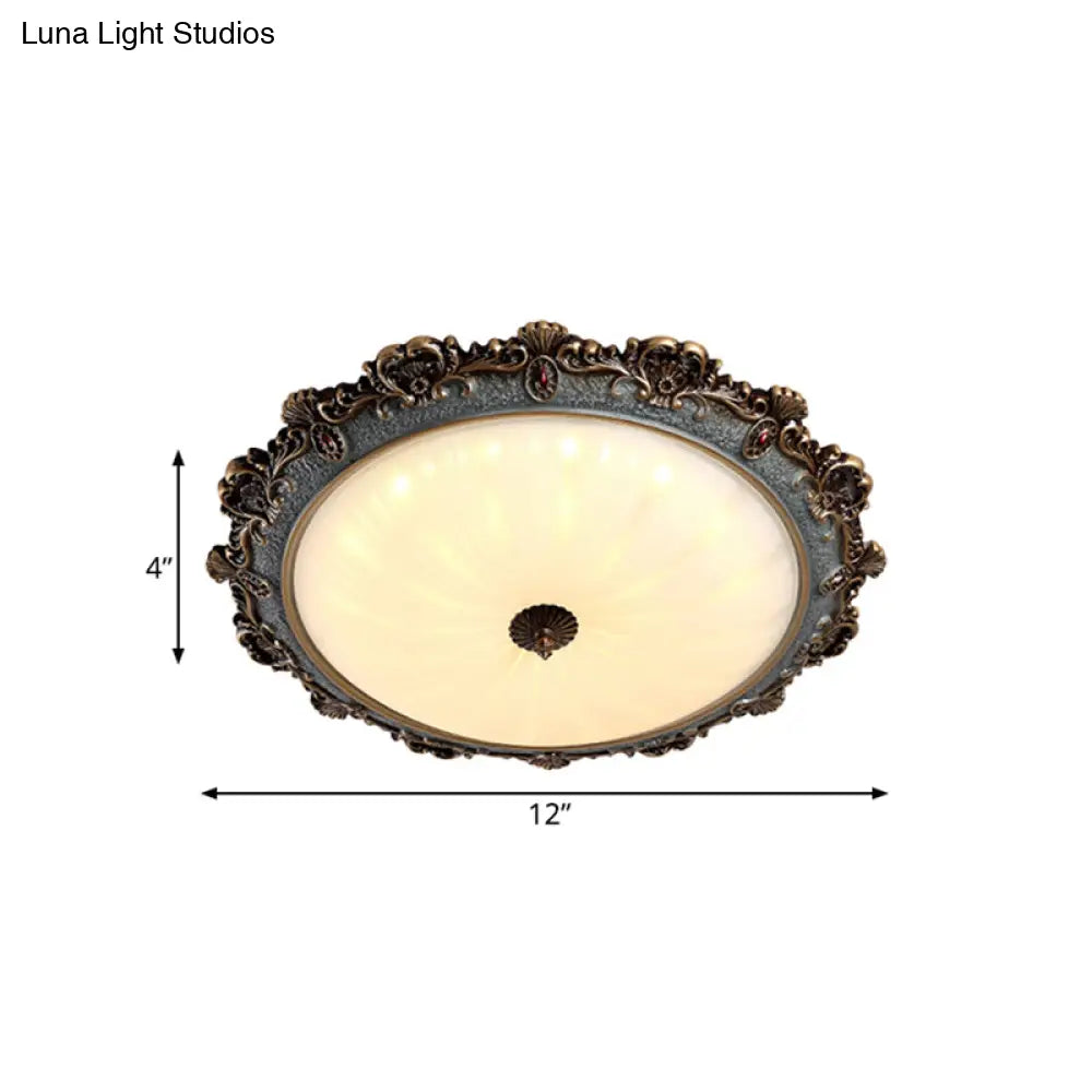Rustic Brass Scalloped Round Flush Mount Ceiling Fixture With Milk Glass - Led 3 Sizes Countryside