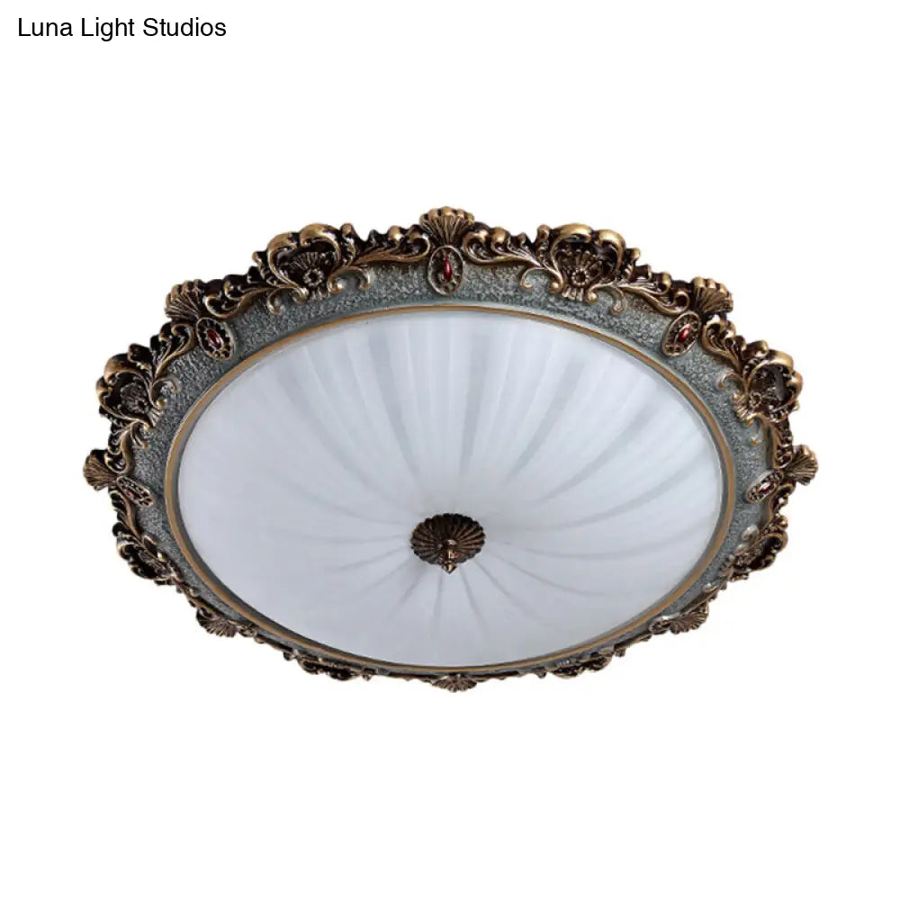 Rustic Brass Scalloped Round Flush Mount Ceiling Fixture With Milk Glass - Led 3 Sizes Countryside