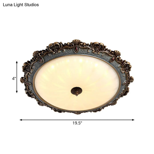 Rustic Brass Scalloped Round Flush Mount Ceiling Fixture With Milk Glass - Led 3 Sizes Countryside