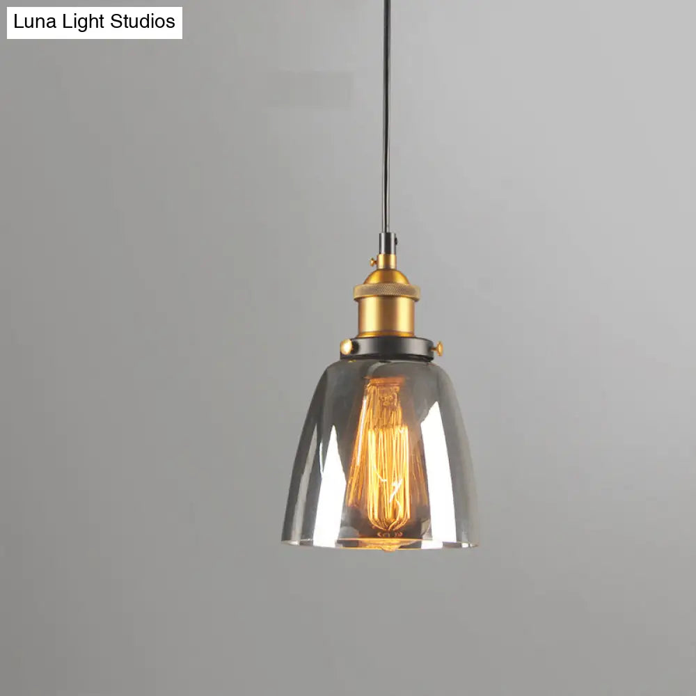 Single-Bulb Rustic Brass Bell Pendant Light With Clear/Amber/Smoke Grey Glass For Bedroom Hanging