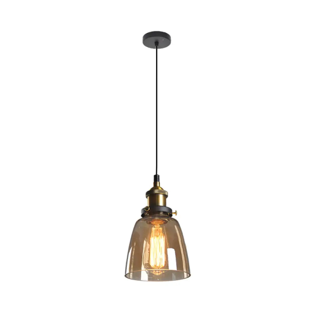 Rustic Brass Single-Bulb Bell Pendulum Light With Clear Amber And Smoke Grey Glass - Bedroom