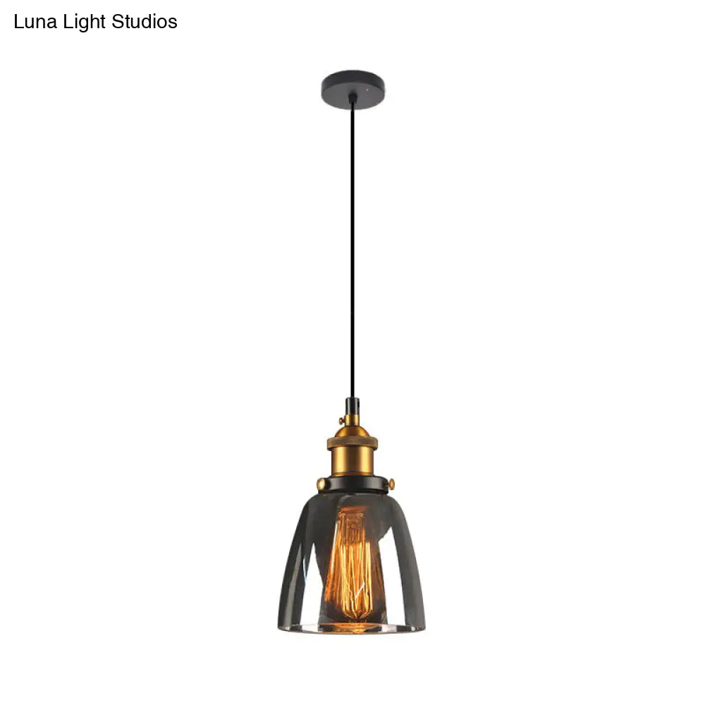 Single-Bulb Rustic Brass Bell Pendant Light With Clear/Amber/Smoke Grey Glass For Bedroom Hanging