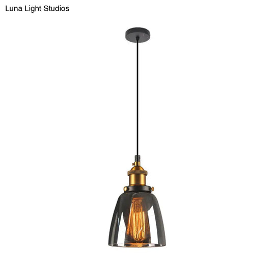 Single-Bulb Rustic Brass Bell Pendant Light With Clear/Amber/Smoke Grey Glass For Bedroom Hanging