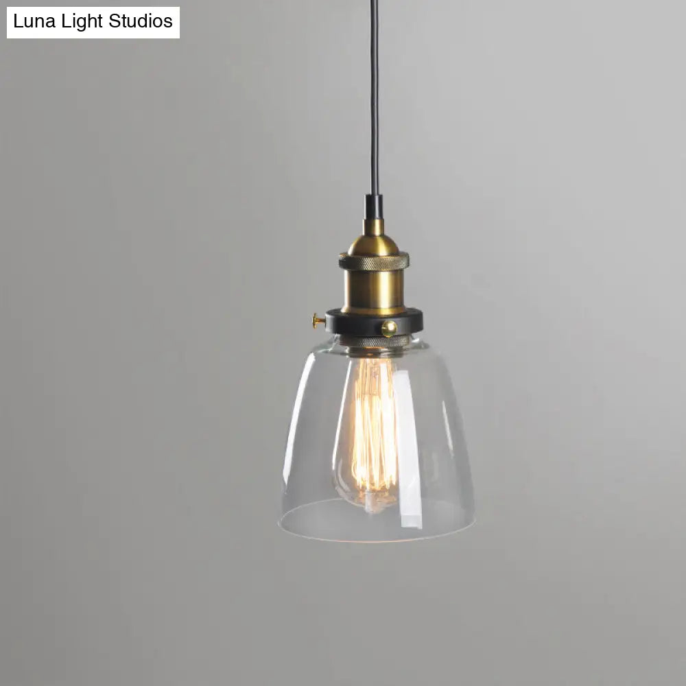 Rustic Brass Single-Bulb Bell Pendulum Light With Clear Amber And Smoke Grey Glass - Bedroom