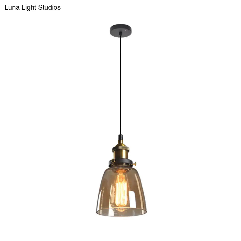 Single-Bulb Rustic Brass Bell Pendant Light With Clear/Amber/Smoke Grey Glass For Bedroom Hanging